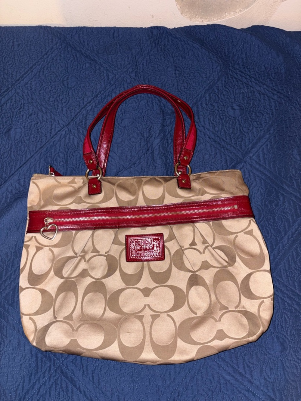 Coach Poppy Tan Signature Tote with Red Trim